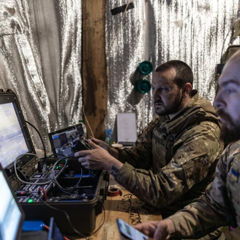Ukrainian soldiers operate a Bliskavka attack drone to strike Russian positions in the direction of Kostiantynivka, Ukraine, on May 15, 2026. (Getty Images)