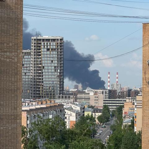 A major fire burns in eastern Moscow on May 17, 2026, hours after a heavy Ukrainian drone attack. (Getty Images)