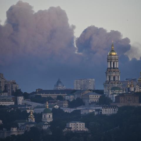 Caption Smoke rises above Kyiv during a Russian strike on the Ukrainian capital on May 24, 2026, amid the Russian invasion in Ukraine. (Getty Images)