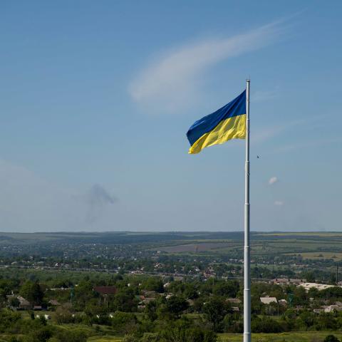 A large Ukrainian flag waves in the wind on May 25, 2026, in Kramatorsk, Ukraine. (Getty Images)