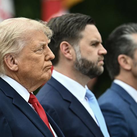 President Donald Trump, Vice President JD Vance, and Defense Secretary Pete Hegseth during a ceremony at Arlington National Cemetery in Arlington, Virginia, on May 25, 2026. (Getty Images) Share to Twitter