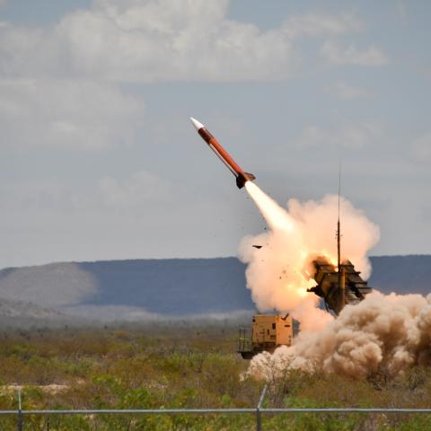 A MIM-104 Patriot Surface-to-Air Missile System fires as part of a bilateral live-fire exercise with military members from the Royal Netherlands Ground-based Air Defense Command at McGregor Range in New Mexico on May 11, 2024. (US Army)