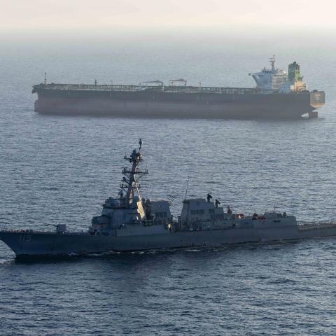 The USS Rafael Peralta implements a maritime blockade against an Iranian-flagged ship attempting to sail toward an Iranian port on April 26, 2026. (US Navy)