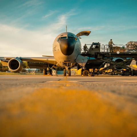 A team of Air Transportation Specialists assigned to the 101st Air Refueling Wing in Bangor, Maine, unloads cargo from a KC-135 Stratotanker, June 3, 2026. The team, reinforced by augmentees from multiple units, have efficiently processed critical MICAPs, morale pallets, and essential supplies bound for U.S. Central Command.
