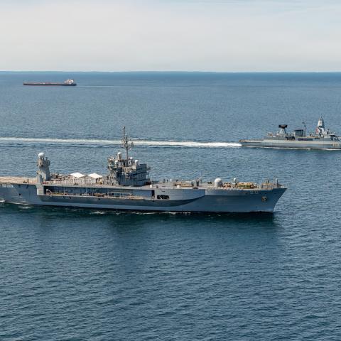 The Blue-Ridge class command and control ship USS Mount Whitney (LCC 20) and German Navy Sachsen-class frigate FGS Hamburg (F 220) sail together in the Baltic Sea, June 22, 2026. Mount Whitney is on a scheduled deployment in the U.S. 6th Fleet area of operations to support the warfighting effectiveness, lethality and readiness of U.S. Naval Forces Europe-Africa, and defend U.S., Allied and partner interests in the region. (U.S. Navy photo by Chief Mass Communication Specialist Chad M. Butler) 