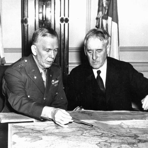 General George Marshall (L) and Secretary of Henry Stimson (R) sometime during 1942-1942, US DOE Manhattan Proj. History Page
