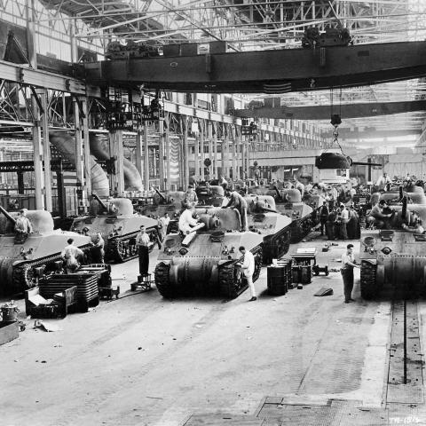 Assembly lines of M-4 Sherman tanks are seen near Detroit, Michigan, in a facility run by Chrysler in 1944. (Getty Images)