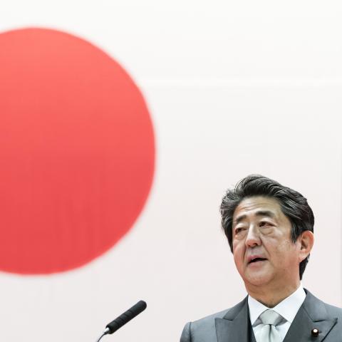 Japan's Prime Minister Shinzo Abe speaks during the graduation ceremony of the National Defense Academy on March 22, 2020 in Yokosuka, Japan. 508 students graduated the military academy which educates and trains future leaders of Japan's Self-Defense Forces today. The ceremony was held behind closed doors amid concern over the spread of Coronavirus (COVID-19). (Photo by Tomohiro Ohsumi/Getty Images)