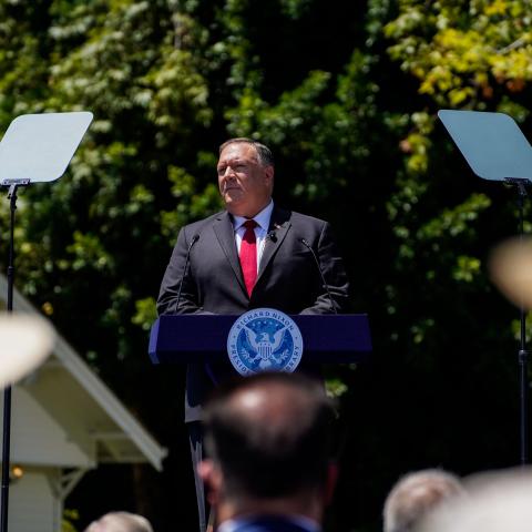 Secretary of State Michael R. Pompeo speaks at the Richard Nixon Presidential Library on July 23, 2020, in Yorba Linda, California. (Getty Images)