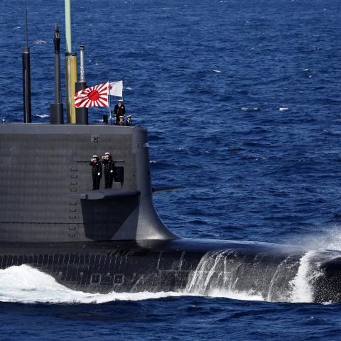 A Japan Maritime Self-Defense Force Uzushio-class submarine participates in an international fleet review at Sagami Bay on November 6, 2022, off Yokosuka, Japan. (Getty Images)