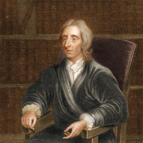 Colorized portrait (after an 1832 stipple engraving by H. Robinson, based on a 1704 painting by Godfrey Kneller) of English philosopher John Locke as he sits in a chair. (Getty Images)