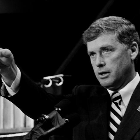Caption Vice-President Dan Quayle speaks to reporters during a press conference at NASA Jet Propulsion Laboratory on August 25, 1989, in Pasadena, California. (Getty Images) Share to Twitter