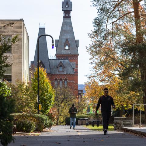 People walk through the Cornell University campus on November 3, 2023, in Ithaca, New York, after the university canceled classes due to a student being accused of making violent antisemitic threats. (Getty Images)