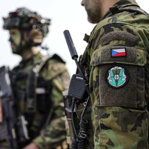 Czech soldiers take part in an urban combat training scenario during the Wettiner Schwert 2024 military exercises on April 8, 2024, in Schnöggersburg, Germany. (Getty Images)