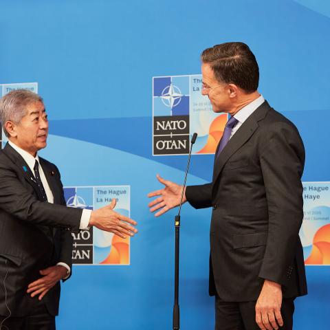 Minister of Foreign Affairs of Japan Takeshi Iwaya meets NATO Secretary General Mark Rutte at the NATO summit on June 24, 2025, in The Hague, Netherlands. (Getty Images) Share to Twitter
