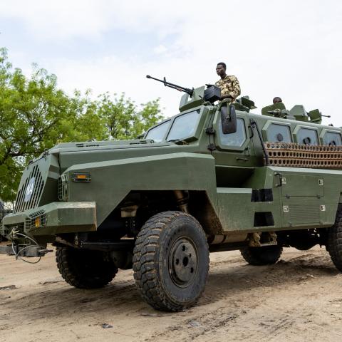 Nigerian soldiers from the Multinational Joint Task Force drive an armoured truck at the MNJTF military base in Monguno, Borno state, Nigeria, on July 5, 2025. (Getty Images)