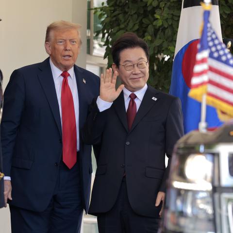 US President Donald Trump greets South Korean President Lee Jae Myung at the White House on August 25, 2025, in Washington, DC. (Getty Images)