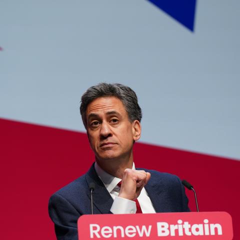 Secretary of State for Energy Security Ed Miliband addresses delegates on the last day of the Labour Conference on October 1, 2025, in Liverpool, England. (Getty Images) Share to Twitter