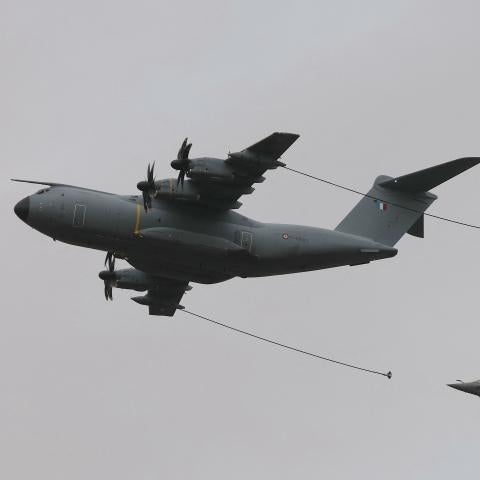 Two Dassault Rafale jet fighters refuel from an Airbus A400M during a French Air and Space Force military exercise at Orléans–Bricy Air Base in Boulay-les-Barres, France, on November 14, 2025. (Getty Images)