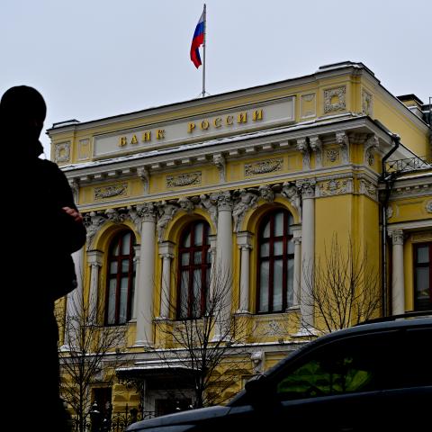 A man walks near the headquarters of the Russian Central Bank in Moscow on February 13, 2026. (Getty Images)