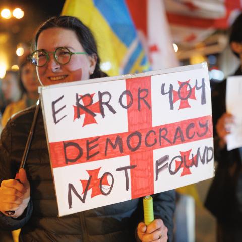 Citizens take part in a weekly Saturday march titled “Defend Education,” walking from the Philharmonic Hall to the Parliament in Tbilisi, Georgia, on February 21, 2026. (Getty Images)