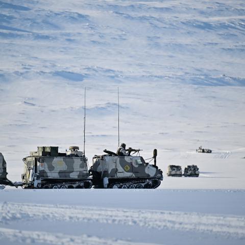 Several Bv206 Hägglunds stand in the snow during the military exercise "Cold Response 26". (Getty Images)