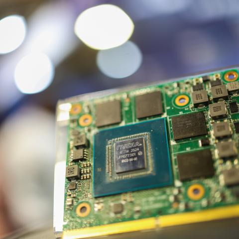 A processor embedded with a NVIDA chip is seen during the artificial intelligence exhibition AI EXPO 2026 in Taipei, Taiwan, on March 25, 2026. (Getty Images)