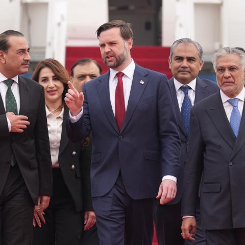 US Vice President JD Vance walks with Pakistan’s Chief of Defence Forces and Chief of Army Staff Field Marshall Asim Munir and Pakistani Deputy Prime Minister and Foreign Minister Mohammad Ishaq Dar after arriving in Islamabad, Pakistan, on April 11, 2026. (Getty Images)