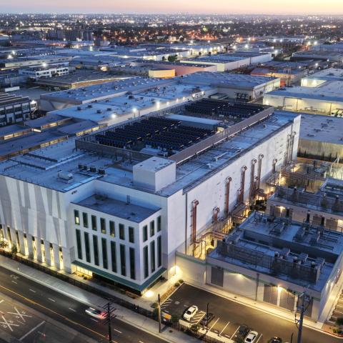 An aerial view of a 33 megawatt data center (C) with closed-loop cooling system on April 14, 2026 in Vernon, California. A surge in demand for AI infrastructure is fueling a boom in data centers across the country and around the globe. (Photo by Mario Tama/Getty Images)