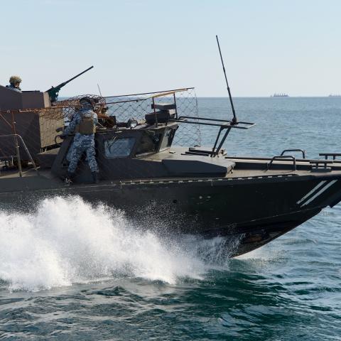Ukrainian Navy vessels patrol the Black Sea to defend infrastructure and residential areas from Russian Shahed drones on April 28, 2026, in Odesa, Ukraine. (Getty Images)