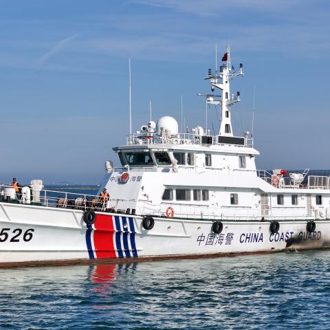 A China Coast Guard vessel departs from a dock in Yantai City, China, on April 28, 2026. (Getty Images)