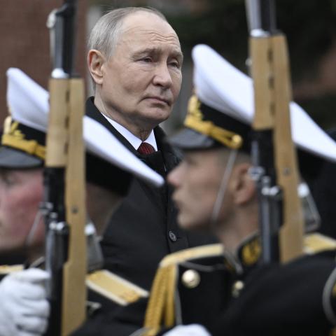 Russian President Vladimir Putin attends a ceremony to lay flowers at the Tomb of the Unknown Soldier by the Kremlin wall in Moscow on May 9, 2026. (Getty Images)