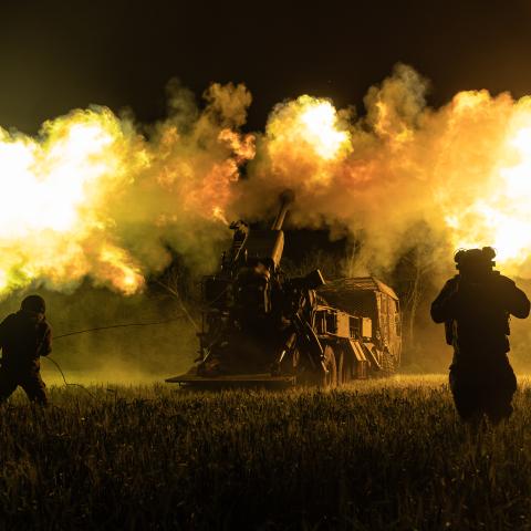 Ukrainian soldiers from the 30th Brigade fire with Bohdana artillery at Russian positions in the Donetsk Oblast, Ukraine, 31 May 2026. (Photo by Diego Herrera Carcedo/Anadolu via Getty Images)