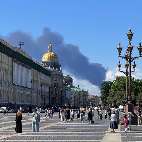 lack smoke rises after Ukraine reportedly launched unmanned aerial vehicle (UAV) attacks on the opening day of the St. Petersburg International Economic Forum, one of Russia's most prominent organizations, in St. Petersburg, Russia, on June 03, 2026. (Photo by Ali Cura/Anadolu via Getty Images)