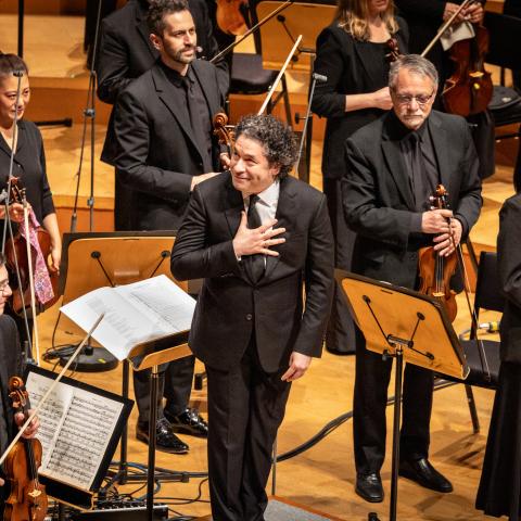 Gustavo Dudamel enters the stage to a standing ovation as he conducts his final concert in Disney Hall as LA Phil music director on Sunday, June 7, 2026, in Los Angeles, CA. (Getty Images)