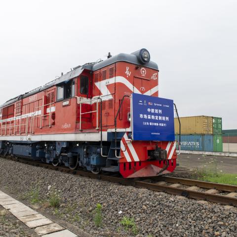A customized market procurement train of the China-Europe Railway Express departs from Yiwu Railway West Station on June 8, 2026, in Jinhua, China. (Getty Images)