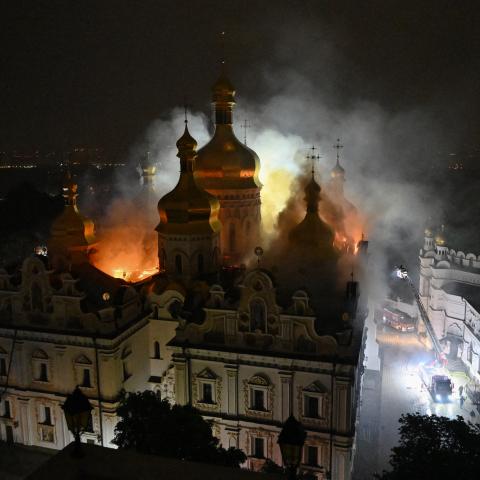 Smoke and fire rise from the Dormition Cathedral following a Russian missile strike on Kyiv on June 15, 2026. ( Getty Images)