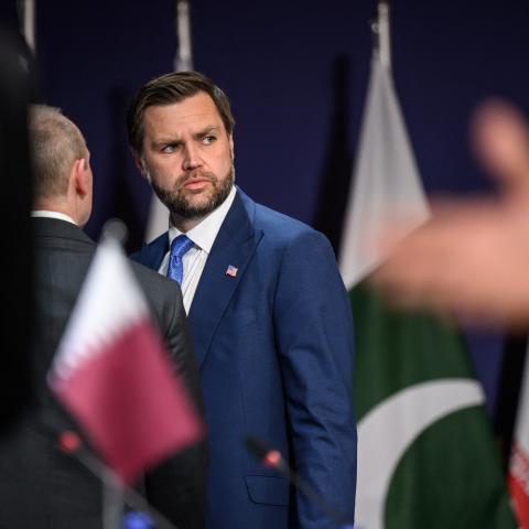 Vice President JD Vance looks on prior to a quadrilateral meeting between the United States, Iran, Pakistan, and Qatar in Lake Lucerne, Switzerland, on June 21, 2026 (Getty Images) Share to Twitter