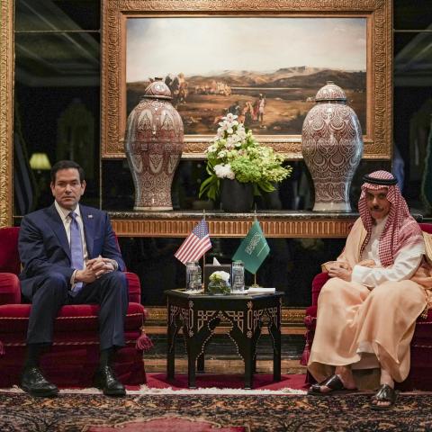 Caption US Secretary of State Marco Rubio meets Saudi Foreign Minister Faisal bin Farhan al-Saud to discuss the interim deal between the US and Iran with Arab Gulf allies in Manama, Saudi Arabia, on June 25, 2026. (Getty Images)