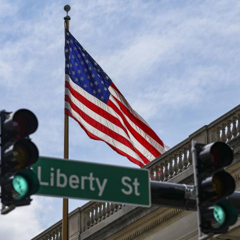 The flag of the United States of America flies over Liberty Street in downtown Winston-Salem, North Carolina, on June 16, 2026. (Getty Images)