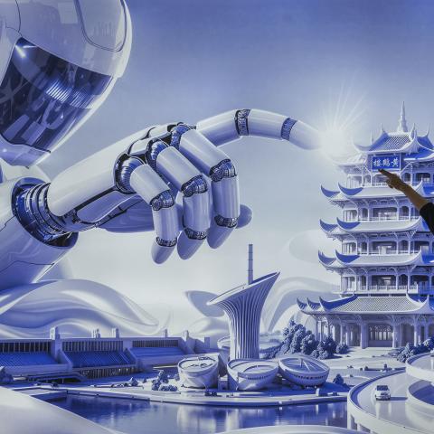 A visitor poses in front of a billboard showing a humanoid robot in the AI section at the Chinese International Supply Chain Expo on June 26, 2026, in Beijing, China. (Getty Images)