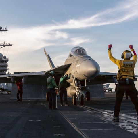 An F/A-18F Super Hornet is seen on October 13, 2025, on the USS Gerald R. Ford. (US Navy)