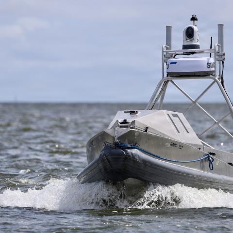 Global Autonomous Reconnaissance Crafts (GARC) deploy in formation with the Brazilian Amazonas-class offshore patrol vessel Araguari (P122) during a live robotic and autonomous systems (RAS) demonstration with Commander, Task Force (CTF) 66 during Exercise Obangame Express 2026 in Douala, Cameroon, April 25, 2026. Obangame Express is one of three regional maritime exercises led by U.S. Sixth Fleet as part of a comprehensive strategy to provide collaborative opportunities to African forces and international 