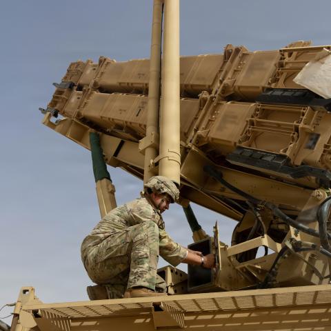 A U.S. Army air defense artilleryman conducts maintenance on an MIM-104 Patriot missile system in the Middle East. The Patriot is the Army’s primary terminal-phase anti-ballistic missile system. (U.S. Army photo)