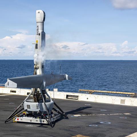 A VBAT unmanned aerial system prepares to take off from the flight deck of San Antonio-class amphibious transport dock ship USS Portland (LPD 27) in the South China Sea, June 17, 2026. The 11th Marine Expeditionary Unit, embarked aboard the Boxer Amphibious Ready Group, is a persistent, combat credible force contributing to deterrence and crisis response in the U.S. 7th Fleet area of operations. U.S. 7th Fleet, the U.S. Navy’s largest forward-deployed number numbered fleet, routinely interacts and operates 