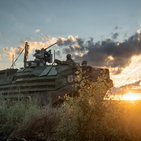 A U.S. Marine Corps assault amphibious vehicle with 4th Assault Amphibian Battalion, 4th Marine Division, stages during dry fire rehearsals of the combined arms live fire exercise at Exercise Sea Breeze 26 at Babadag Training Area, Romania, June 15, 2026. The dry fire rehearsals were conducted in preparation for the combined arms live fire exercise, the culminating event of Exercise Sea Breeze 26. Sea Breeze 26 is an annual exercise co-sponsored by U.S. Naval Forces Europe and Africa and U.S. Marine Corps F