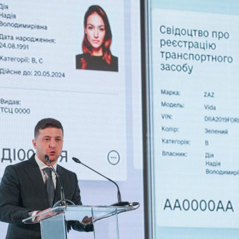 President of Ukraine Volodymyr Zelensky has a speech during the presentation of digital state service Diya (The Action) in Kyiv, Ukraine, February 6, 2020. Ukraine presents an online service that provides its citizens and businesses with access to all electronic government services by a single standard (Photo by Sergii Kharchenko/NurPhoto via Getty Images)