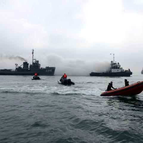 Warships from Azerbaijan and Iran take part in joint naval exercises in the Caspian Sea near Baku, Azerbaijan, on November 4, 2024. (Getty Images)