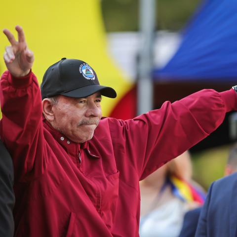 President of Nicaragua Daniel Ortega waves at Palacio Federal Legislativo on January 10, 2025, in Caracas, Venezuela. (Getty Images)