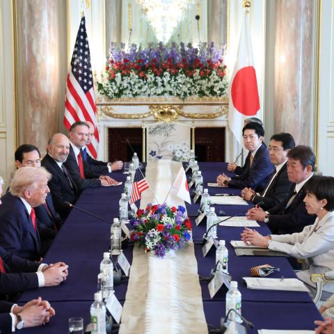 President Donald Trump and Japanese Prime Minister Sanae Takaichi talk during their summit meeting at the Akasaka Palace on October 28, 2025, in Tokyo, Japan. (Getty Images) Share to Twitter